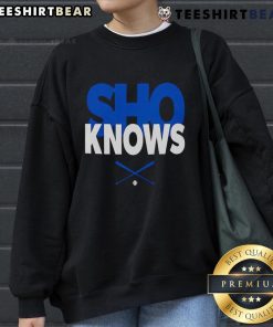 Top Shohei Ohtani 'Sho Knows' Los Angeles Dodgers sweatshirt featuring vibrant team colors and stylish design.