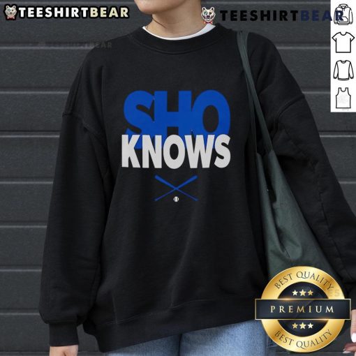 Top Shohei Ohtani 'Sho Knows' Los Angeles Dodgers sweatshirt featuring vibrant team colors and stylish design.