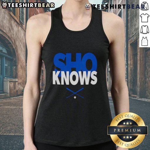 Top Shohei Ohtani Sho Knows Los Angeles Dodgers tank top featuring vibrant graphics and sporty design for fans.