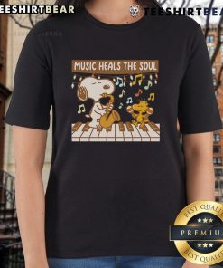 Top Snoopy and Woodstock Piano Music Heals the Soul ladies tee featuring vibrant graphics and a fun design for music lovers.