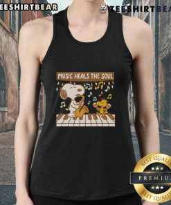 Top Snoopy and Woodstock tank top featuring 'Music Heals the Soul' design, perfect for music lovers and Peanuts fans.