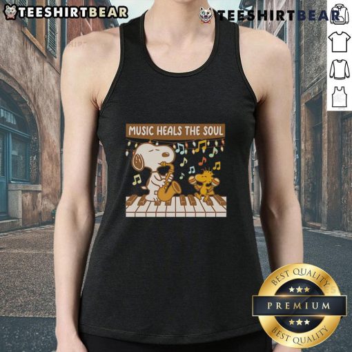Top Snoopy and Woodstock tank top featuring 'Music Heals the Soul' design, perfect for music lovers and Peanuts fans.