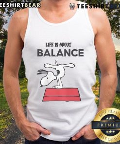 Top Snoopy Life Is About Balance Tank Top featuring a playful Snoopy graphic, perfect for casual summer wear.