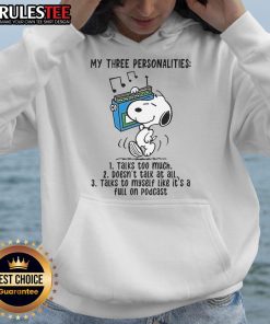 Top Snoopy hoodie featuring 'My Three Personalities: Talks Too Much, Doesn't Talk At All' design, perfect for fans.