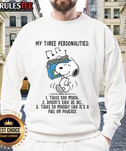 Cozy sweatshirt featuring Snoopy with 'My Three Personalities: Talks Too Much, Doesn't Talk At All' design, perfect for fans.