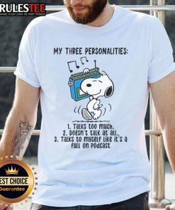 Alt Text: Top Snoopy My Three Personalities Talks Too Much Doesn't Talk At All T-Shirt featuring Snoopy in playful designs.