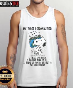 Snoopy tank top featuring 'My Three Personalities: Talks Too Much, Doesn't Talk At All' design, perfect for casual wear.