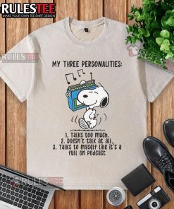 Alt Text: Snoopy graphic on a washed t-shirt depicting 'My Three Personalities: Talks Too Much, Doesn't Talk at All' design.