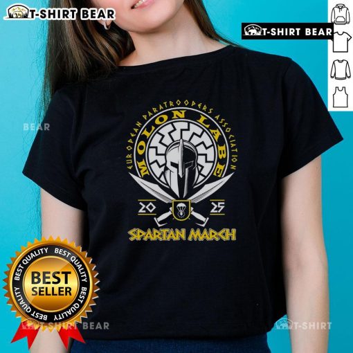 Top Spartan March 2025 Ladies Tee for European Paratroopers Association featuring 'Molon Labe' design.