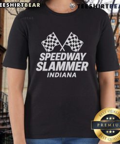 Top Speedway Slammer Indiana Flag Ladies Tee featuring vibrant flag design, perfect for racing fans and casual wear.