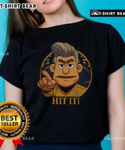 Top Star Trek Cartoon Captain Hit It sci-fi parody ladies tee featuring a colorful design of a space captain in action.