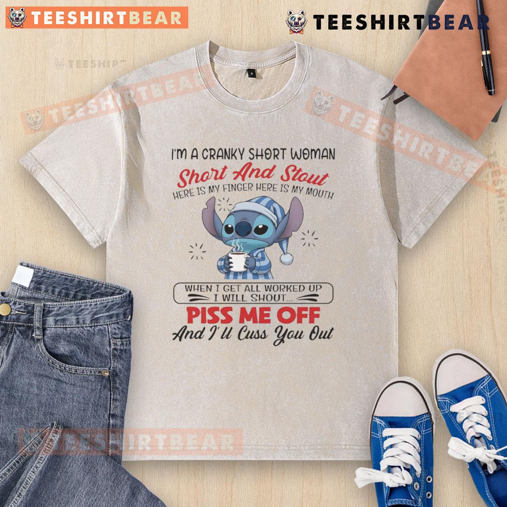 Top Stitch I'm A Cranky Short Woman Short And Stout Here Is My Finger Here Is My Mouth Washed T-Shirt Alt Text: Cranky short woman wearing a I'm A Cranky Short And Stout washed t-shirt, playfully showing her finger and mouth.