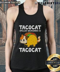 Trendy tank top featuring 'Tacocat' graphic, showcasing playful design and style for cat lovers.