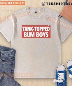 Group of young men in tank tops showcasing 'Top Tank Topped Bum Boys' washed t-shirt in a trendy outdoor setting.