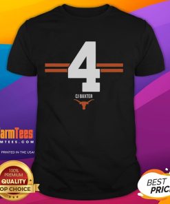 Alt Text: Top Texas Longhorns Football Cj Baxter Stripe T-Shirt showcasing team colors and player number for fans.