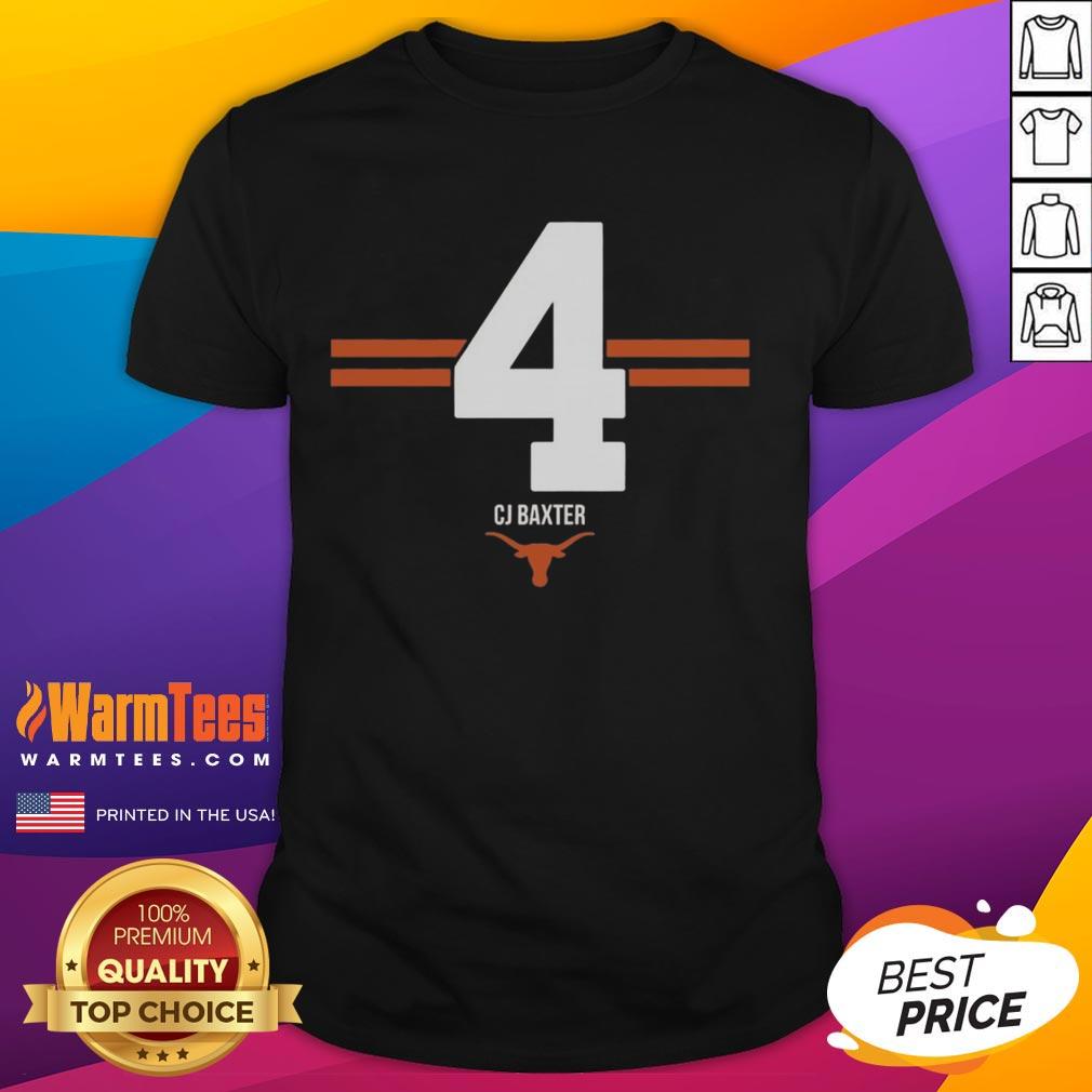 Top Texas Longhorns Football Cj Baxter #4 Stripe T Shirt Alt Text: Top Texas Longhorns Football Cj Baxter Stripe T-Shirt showcasing team colors and player number for fans.