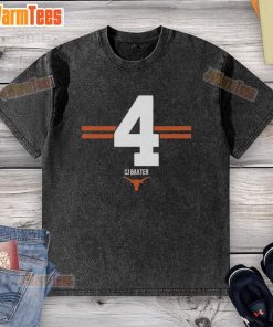 Alt Text: CJ Baxter 4 Stripe Washed T-Shirt for Texas Longhorns Football, featuring team colors and logo design.