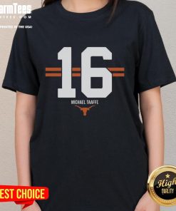 Top Texas Longhorns Football Michael Taaffe 16 Stripe Ladies Tee in orange and white, perfect for game day.