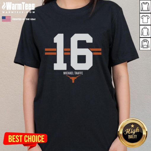 Top Texas Longhorns Football Michael Taaffe 16 Stripe Ladies Tee in orange and white, perfect for game day.