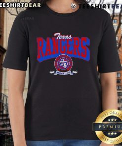 Alt Text: Top Texas Rangers team badge on a stylish ladies tee, perfect for fans showcasing team spirit and style.