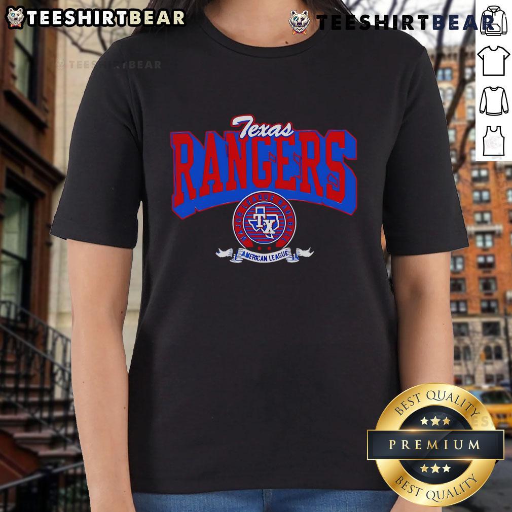 Top Texas Rangers Team Badge Ladies Tee Alt Text: Top Texas Rangers team badge on a stylish ladies tee, perfect for fans showcasing team spirit and style.