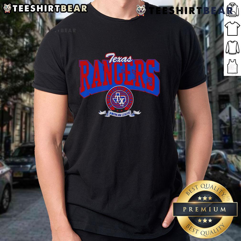 Top Texas Rangers Team Badge T Shirt Alt Text: Top Texas Rangers Team Badge T-Shirt featuring the iconic team logo in vibrant colors, perfect for fans.