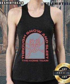 Alt Text: Woman wearing 'Top The Home Team Through Snow and Sleet' tank top outdoors in winter, showcasing team spirit.
