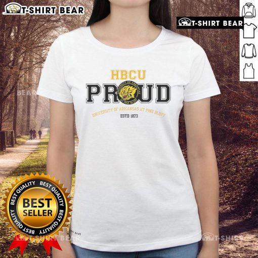 Alt Text: Ladies tee featuring 'Top The University of Arkansas at Pine Bluff Est. 1873 HBCU Proud' design for stylish school spirit.
