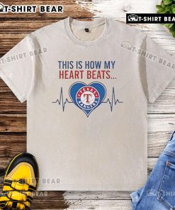 Alt Text: Texas Rangers washed t-shirt featuring 'This Is How My Heart Beats' design, perfect for fans and casual wear.