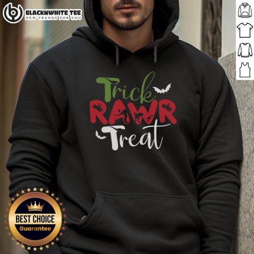 Adorable Top Trick RAWR Treat Dinosaur Halloween Hoodie featuring a playful dinosaur design perfect for kids' Halloween style.