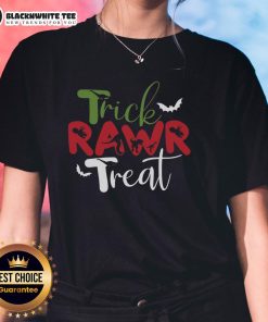 Top Trick RAWR Treat Dinosaur Halloween Ladies Tee featuring a playful dino design for festive women's apparel.