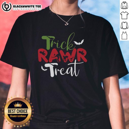 Top Trick RAWR Treat Dinosaur Halloween Ladies Tee featuring a playful dino design for festive women's apparel.