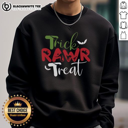 Top Trick RAWR Treat Dinosaur Halloween Sweatshirt featuring a fun dino design perfect for festive celebrations.