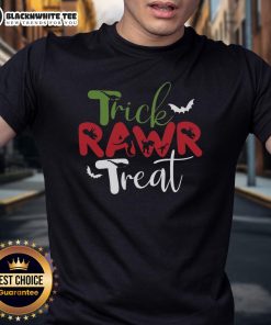 Top Trick Rawr Treat Dinosaur Halloween T-Shirt featuring a playful dinosaur design, perfect for festive celebrations.