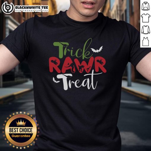 Top Trick Rawr Treat Dinosaur Halloween T-Shirt featuring a playful dinosaur design, perfect for festive celebrations.