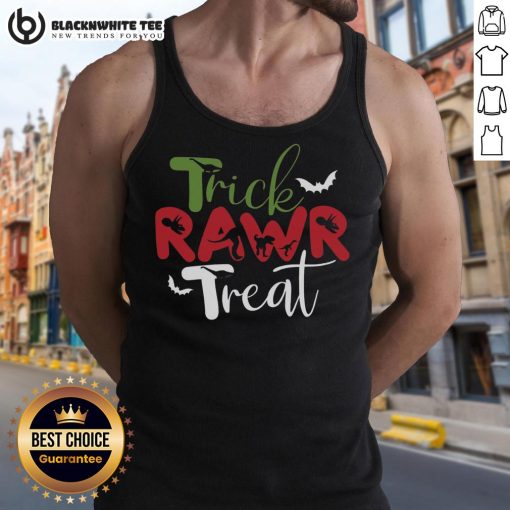 Top Trick RAWR Treat Dinosaur Halloween Tank Top for kids, featuring a fun dino design perfect for Halloween festivities.
