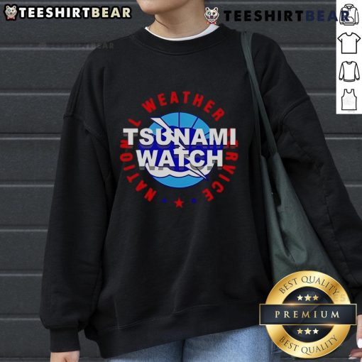Stylish Top Tsunami Watch National Weather Service sweatshirt featuring bold graphics, perfect for weather enthusiasts.