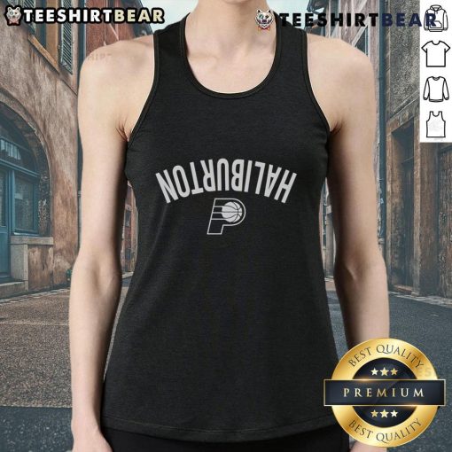 Tyrese Haliburton Indiana Pacers inverted upside tank top showcasing team colors and player name for basketball fans.