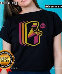 Top Vintage Arcade Stripes Ladies Tee featuring colorful retro stripes on a stylish women's shirt design.