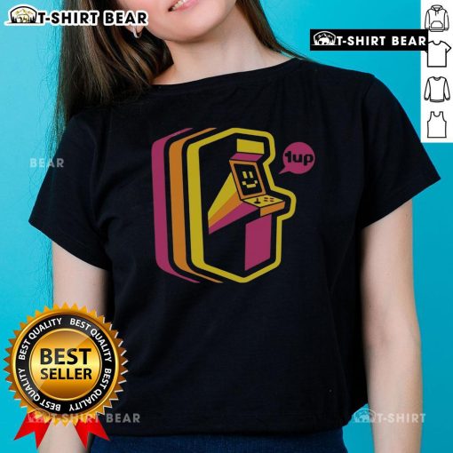 Top Vintage Arcade Stripes Ladies Tee featuring colorful retro stripes on a stylish women's shirt design.