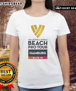 Top Volleyball World Beach Pro Tour Hamburg Elite 16 Ladies Tee displayed on a vibrant beach background.