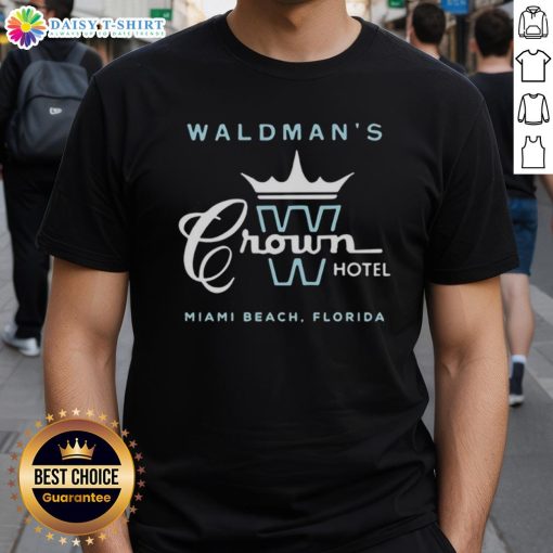 Alt Text: Stylish Waldman's Crown Hotel Miami Beach T-Shirt featuring vibrant design perfect for summer outings.
