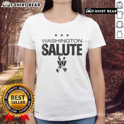Alt Text: Top Washington Commanders 2025 Military Appreciation Day logo on a ladies tee, celebrating team spirit and honor.