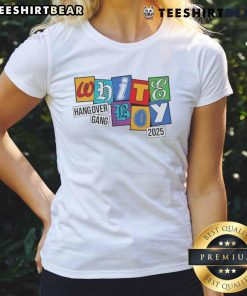 Alt Text: Top WBS Hang Over Gang Shirt in white with colorful letters for ladies, perfect for casual style in 2025.