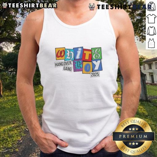 White tank top featuring 'WBS Hang Over Gang' in colorful letters, perfect for casual summer wear in 2025.