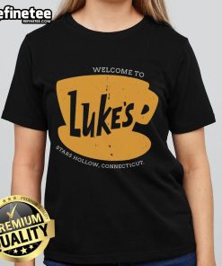 Stylish ladies' tee featuring 'Welcome to Luke's' design from Stars Hollow, Connecticut, perfect for fans of Gilmore Girls.