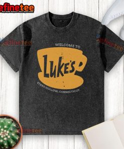 Alt Text: Top view of a 'Welcome to Luke's Stars Hollow Connecticut' washed t-shirt, showcasing its vintage design and soft fabric.