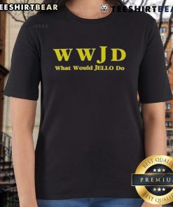 Alt Text: Top WWJD What Would Jello Do Ladies Tee featuring a fun graphic design in vibrant colors for casual wear.