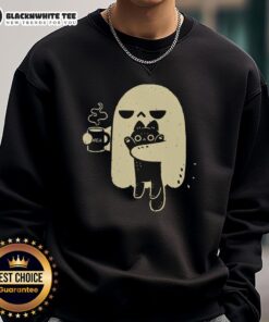 Cute ghost holding a cat sweatshirt, perfect for Halloween and cozy casual wear for pet lovers.
