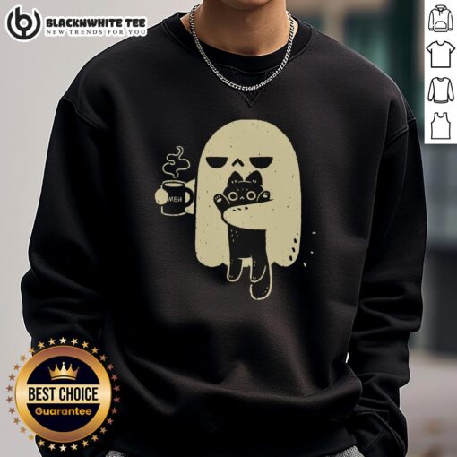 Cute ghost holding a cat sweatshirt, perfect for Halloween and cozy casual wear for pet lovers.
